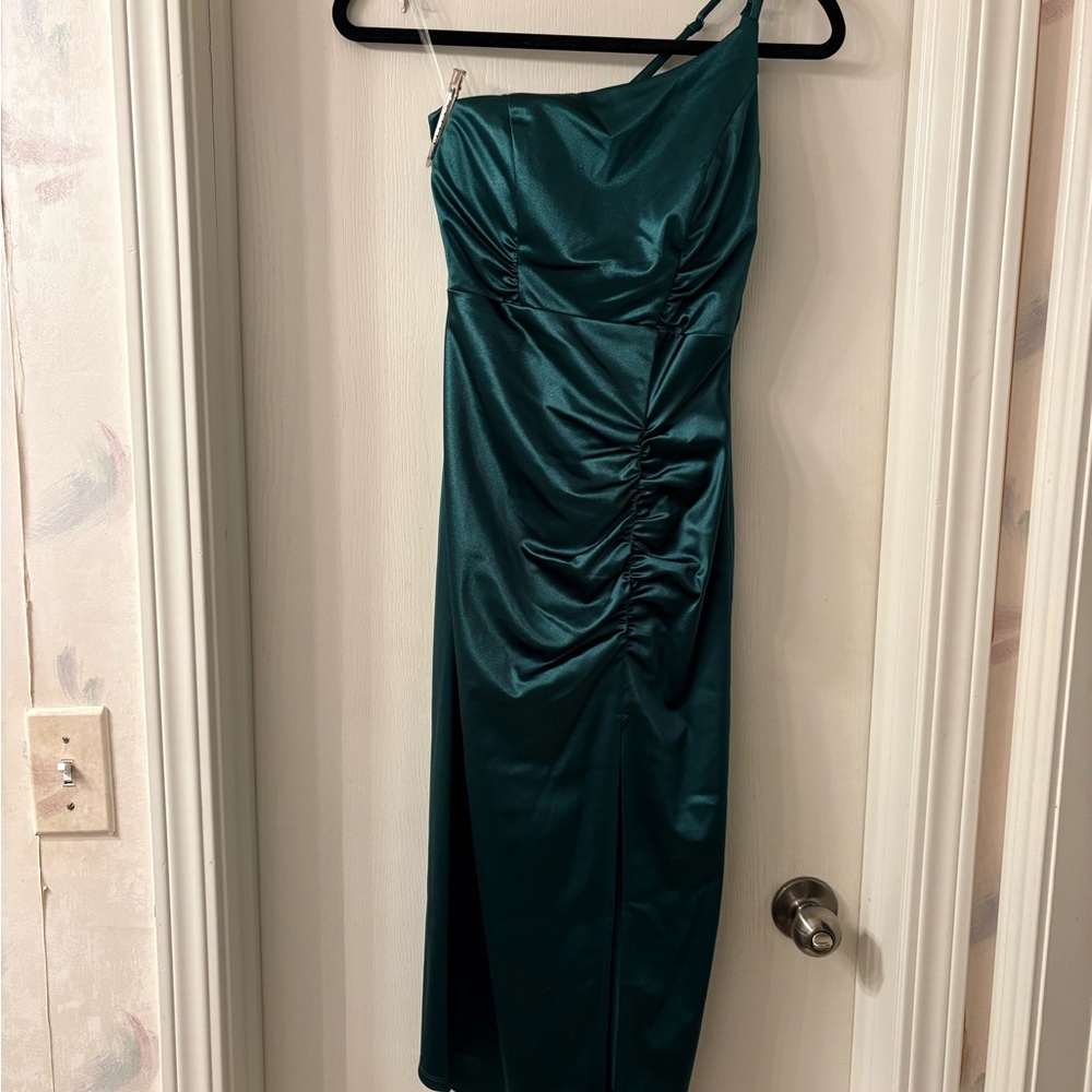 Honey and Rosie Hunter Green One-Shoulder Dress